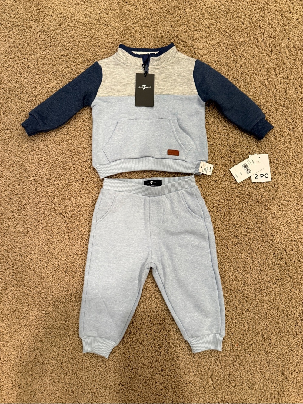 7 For All Mankind LA 2-Piece Blue Colorblock Sweatshirt and Sweatpants Set 3-6M